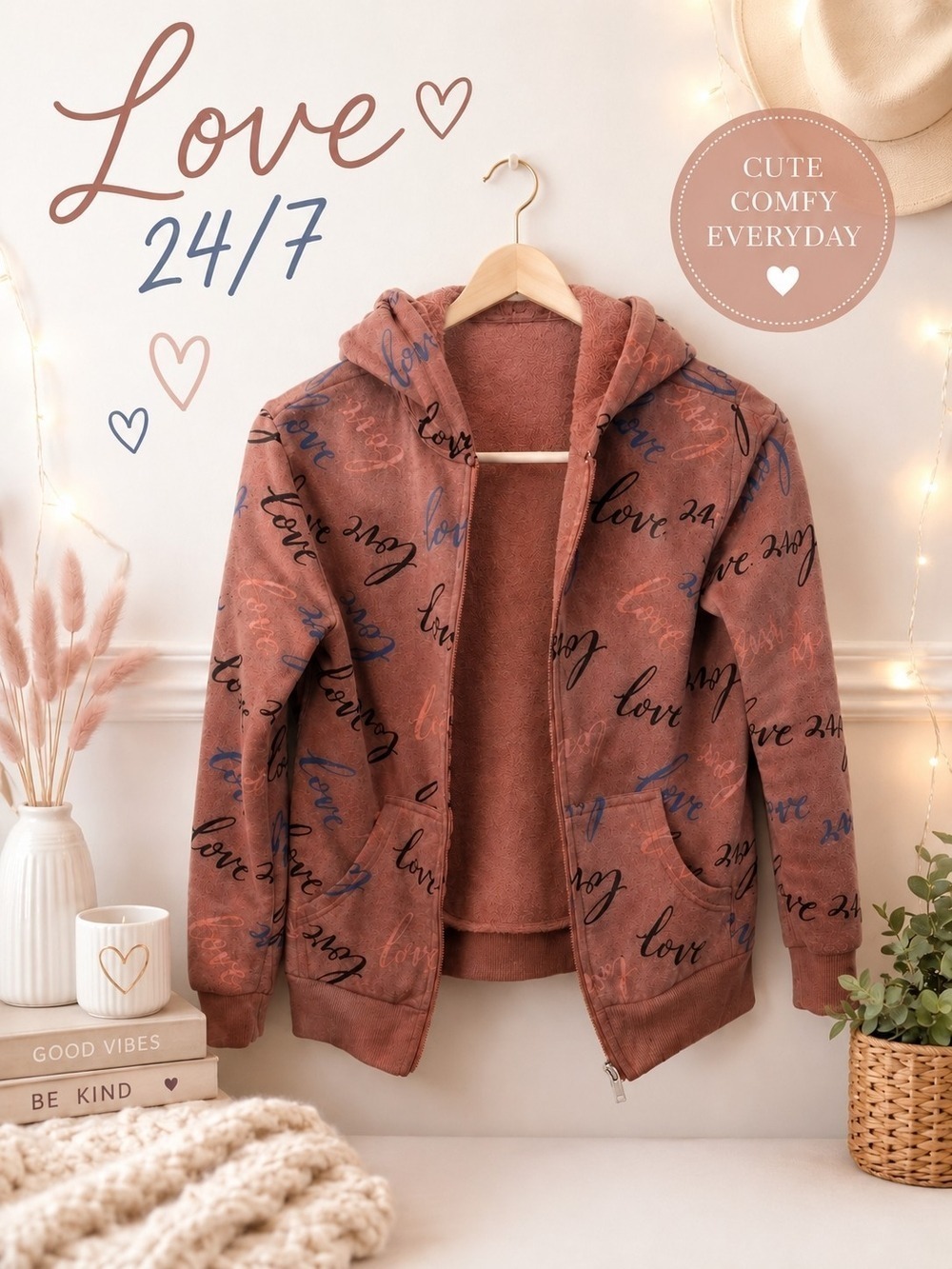 Love Script Printed Plush Lined Hoodie